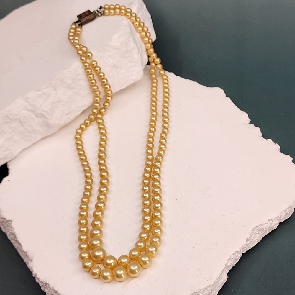 Gold Faux Pearl Double Strand Graduated Bead Necklace Ornate Box Clasp Glam